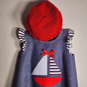 Nwt sz 2T ruffled sailor shirt denim with red legging matching crochet hat.